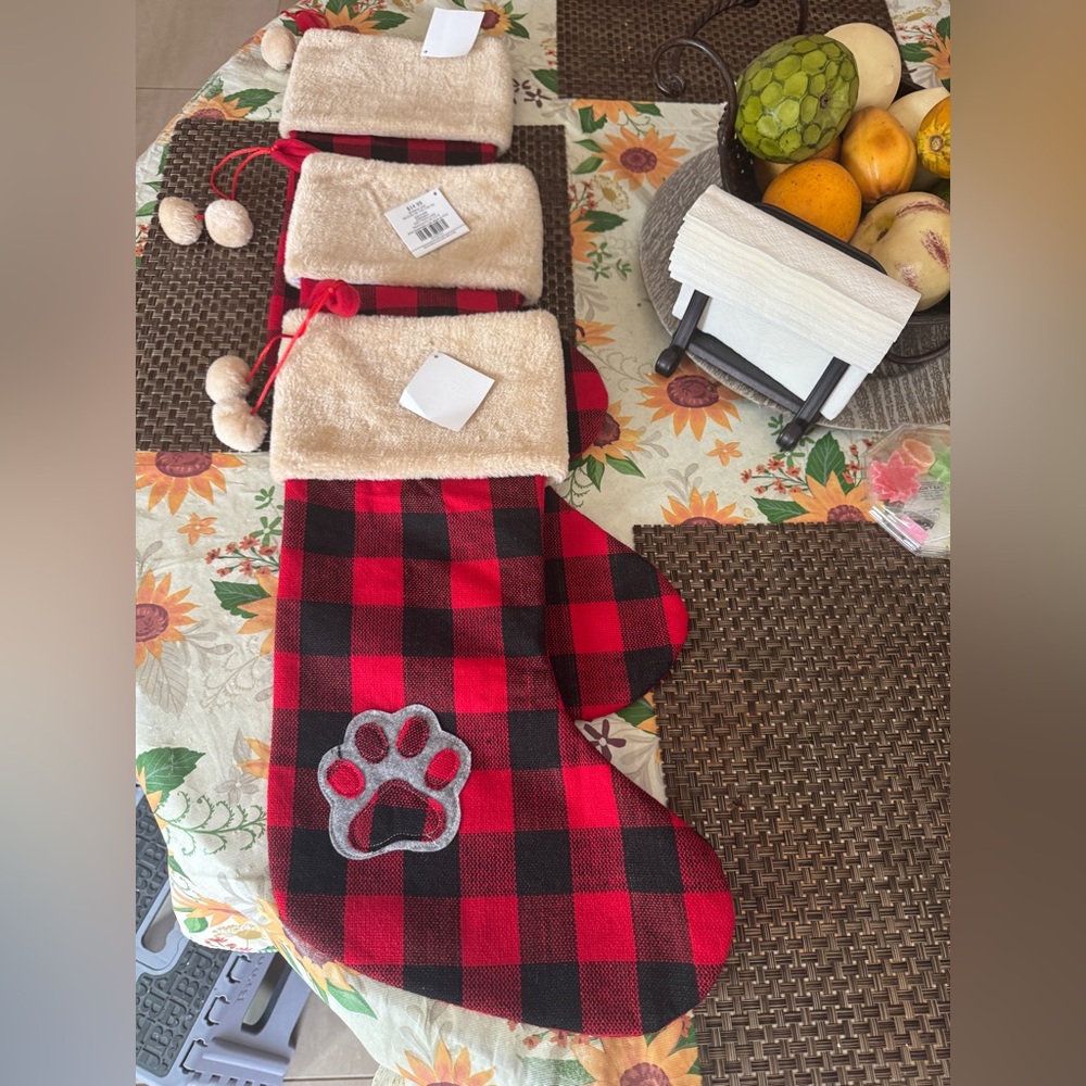 (3) Red and Black Plaid Christmas Stocking  with Paw Print Bundle